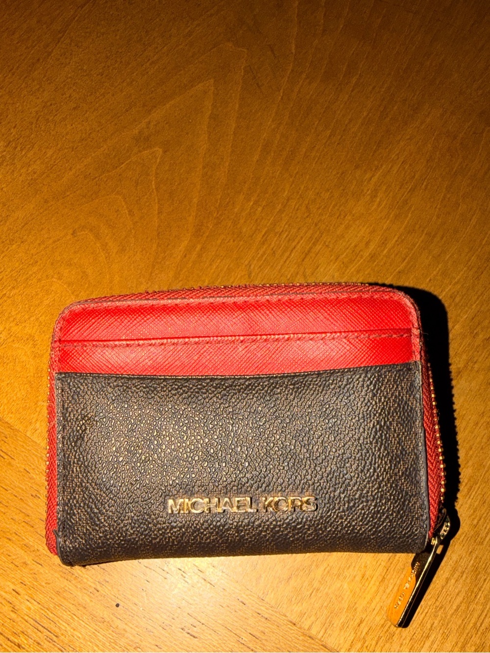 Michael Kors Red and Black Zip Card Holder with Gold Logo